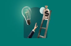 An image collage showing a light bulb, an arm reaching upwards, and a bag with a dollar sign sitting on top of a ladder.