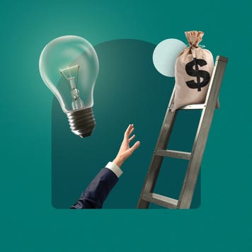 An image collage showing a light bulb, an arm reaching upwards, and a bag with a dollar sign sitting on top of a ladder.