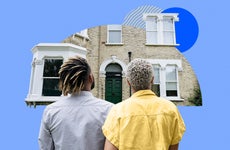 Illustrated collage featuring two people admiring a house