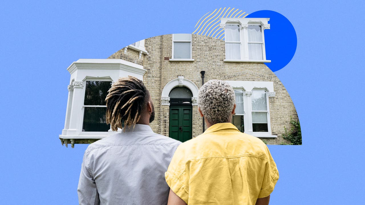 Illustrated collage featuring two people admiring a house
