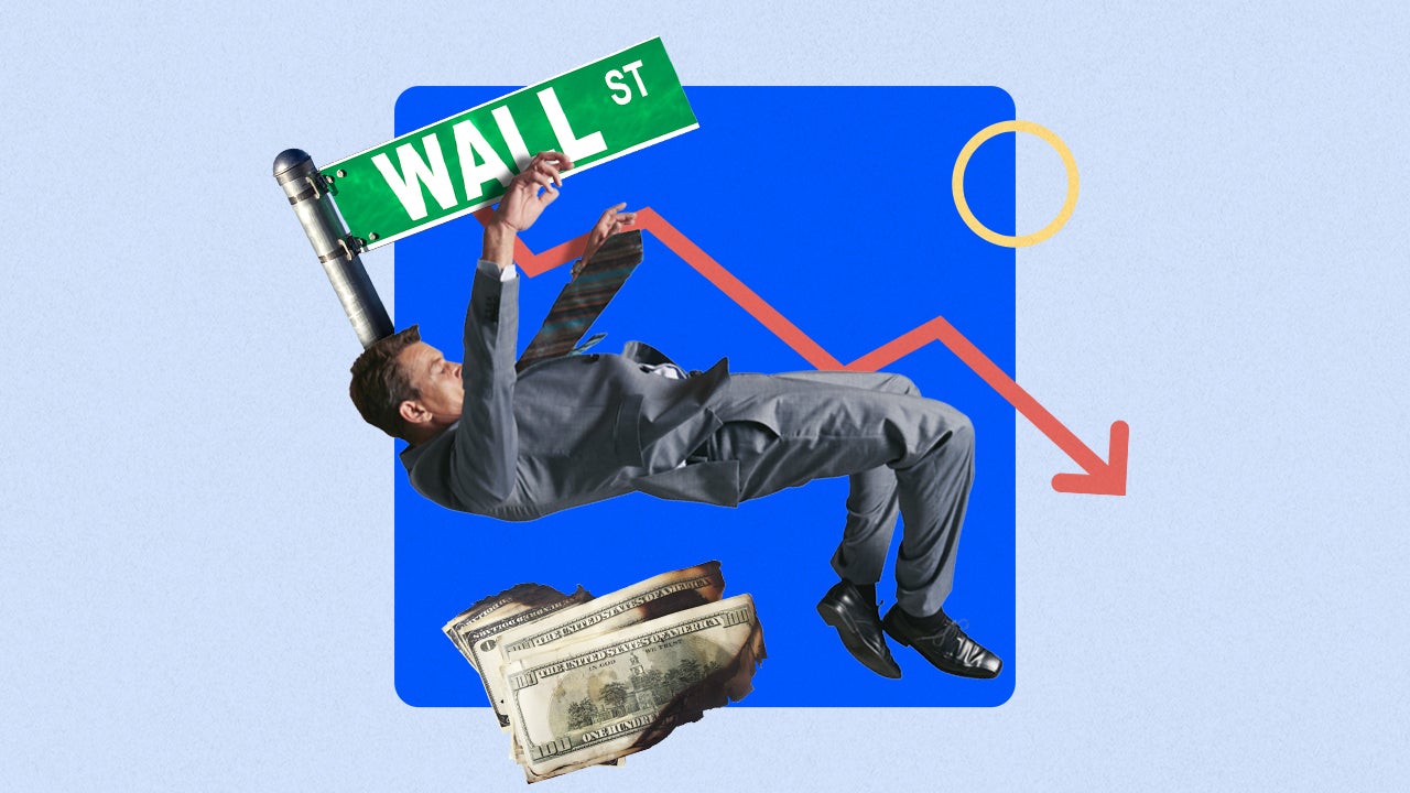 Sign of Wall St, a man falling down, a bundle of cash