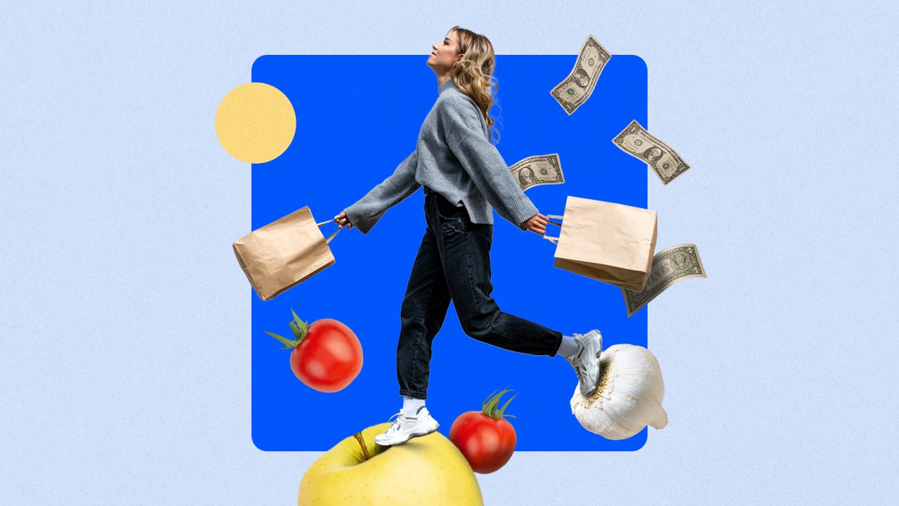 Woman walking throw a bunch of floating produce items and cash