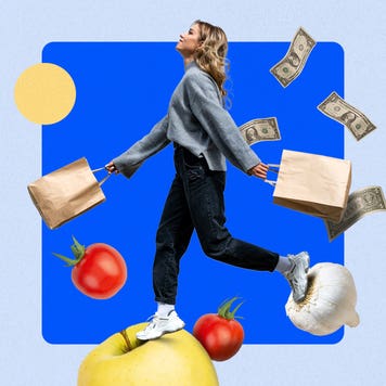 Woman walking throw a bunch of floating produce items and cash