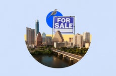 Illustrated collage featuring a Texas city with a large "For Sale" sign
