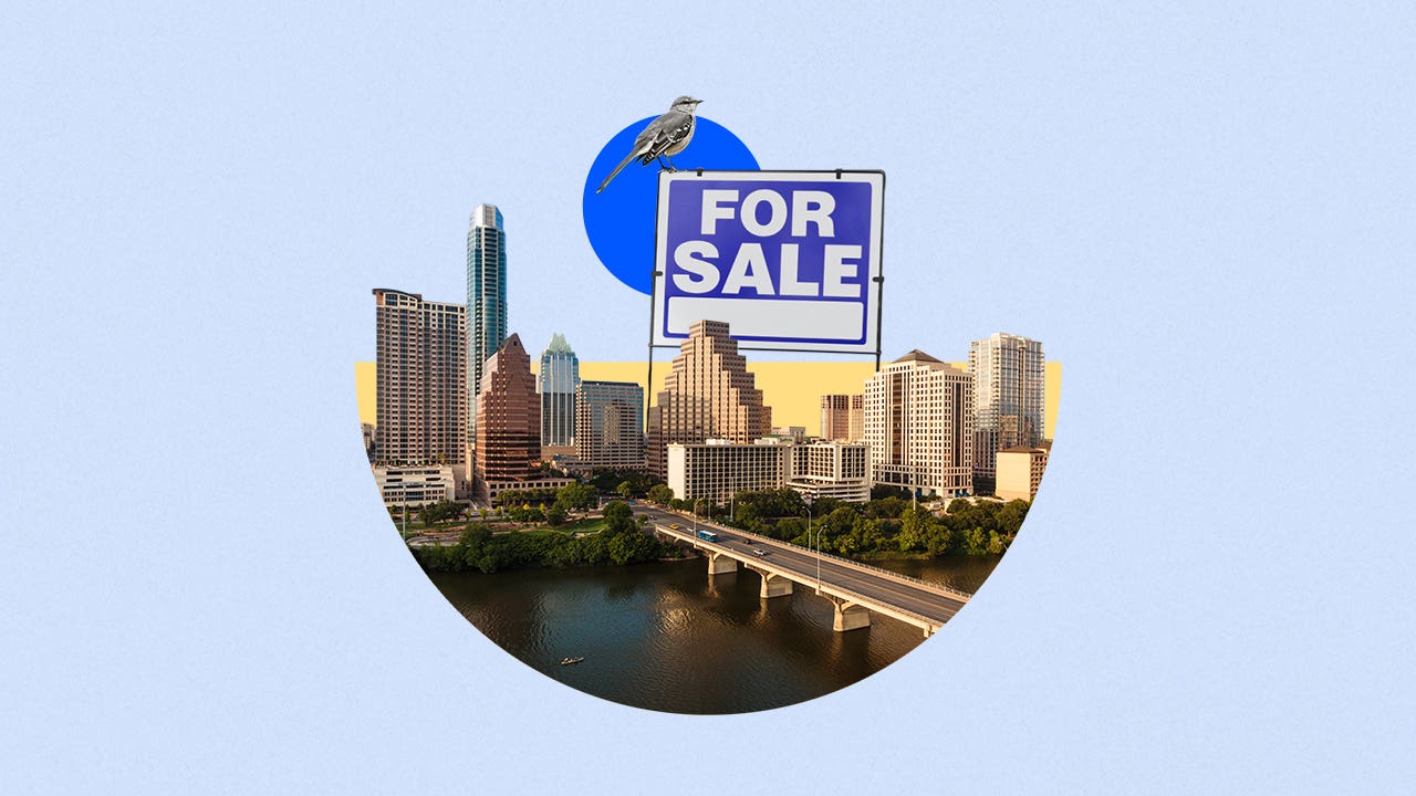 Illustrated collage featuring a Texas city with a large "For Sale" sign