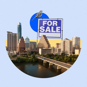 Illustrated collage featuring a Texas city with a large "For Sale" sign