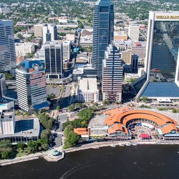 Aerial of downtown Jacksonville, a coastal city in Florida