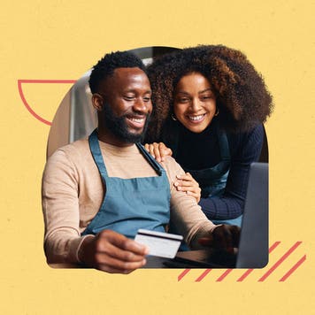 design element of a couple paying online with a card