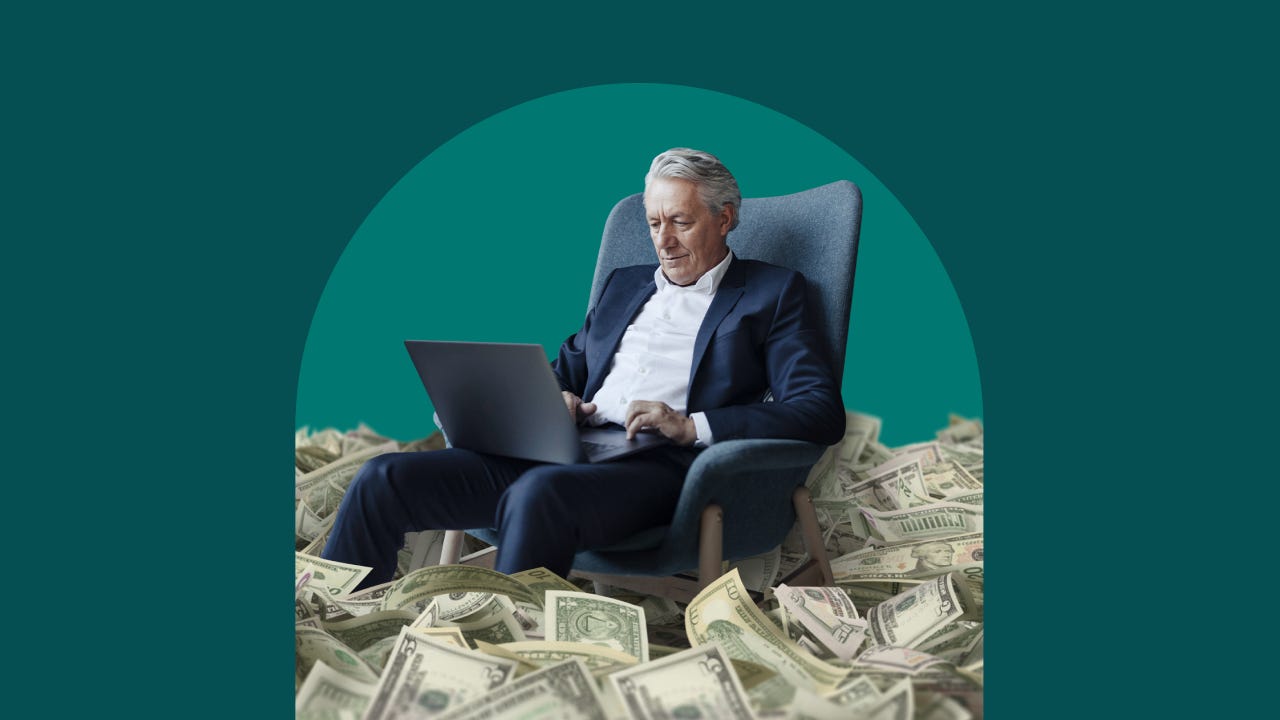 Illustrated collage featuring a man on his laptop surrounded by money