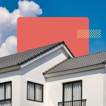 white house with black roof and blue sky, photo illustration with red square