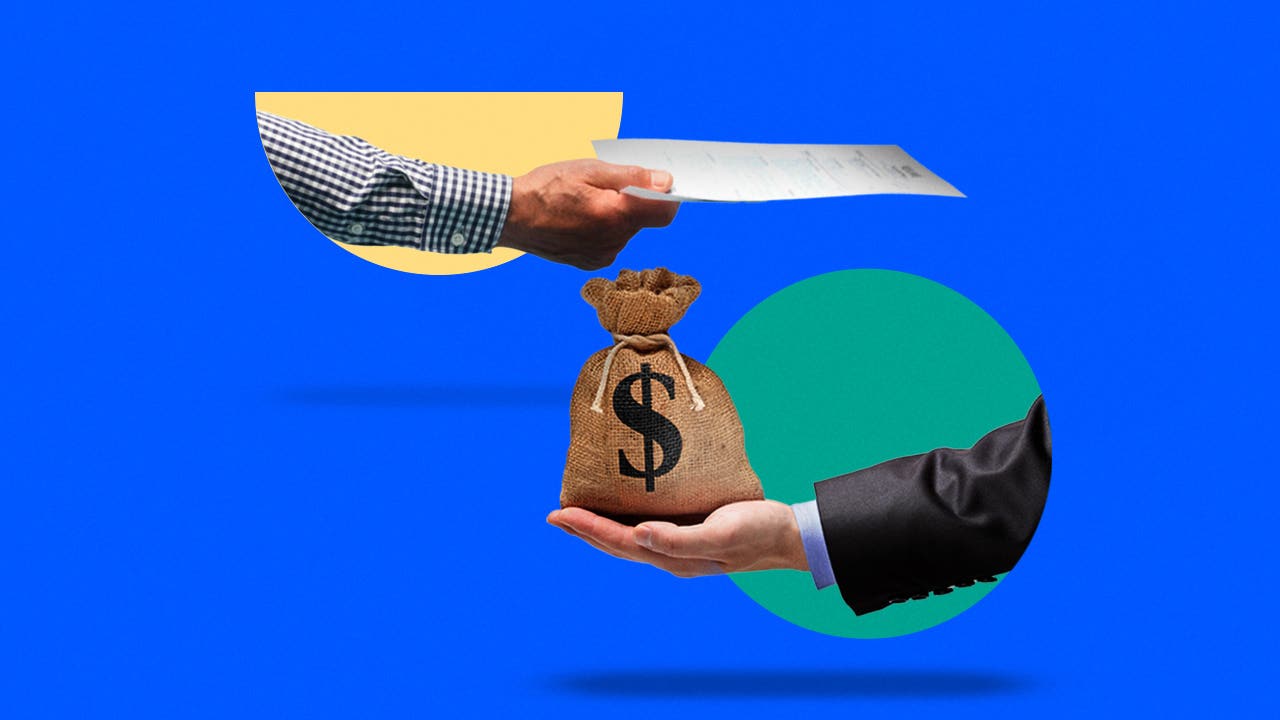 A collage showing two opposing arms; one holding documents, the other a bag with a money symbol on it.