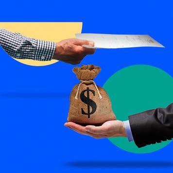 A collage showing two opposing arms; one holding documents, the other a bag with a money symbol on it.