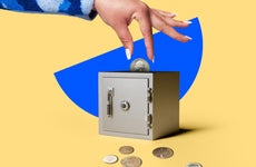 Whimsical illustration of a hand putting a quarter into a miniature but realistic high end safe. As if it were a piggy bank