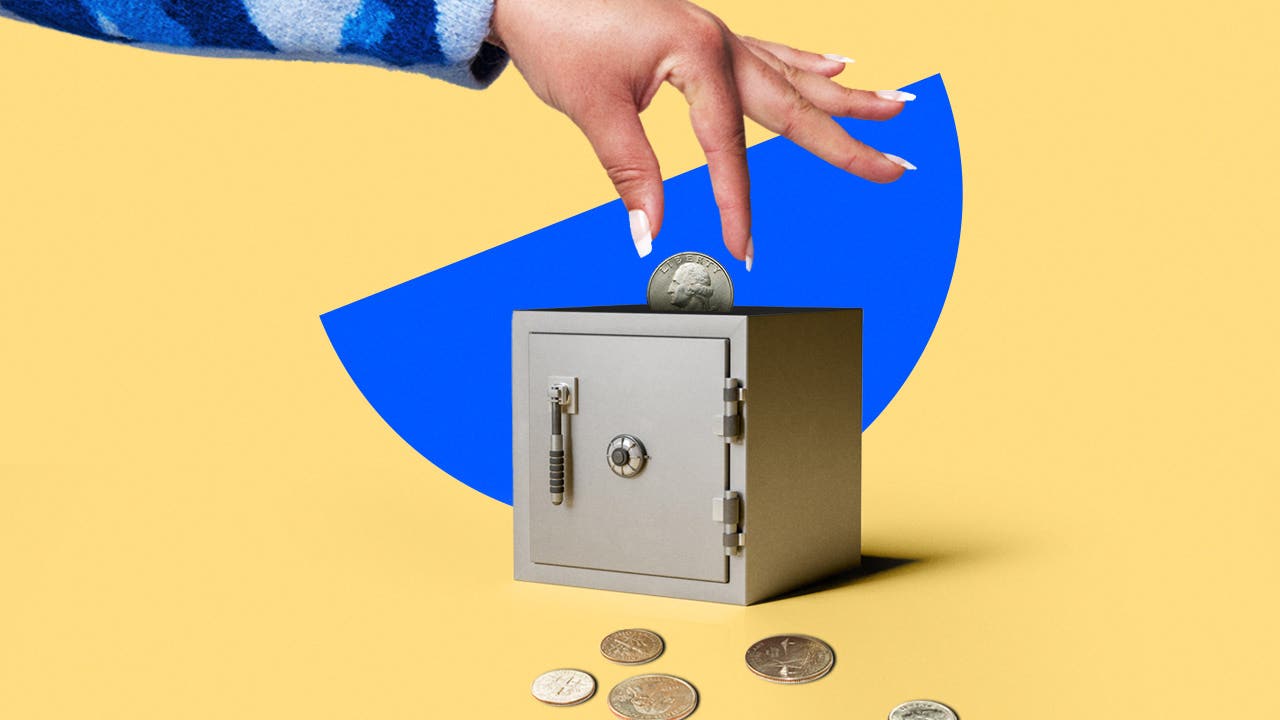 Whimsical illustration of a hand putting a quarter into a miniature but realistic high end safe. As if it were a piggy bank