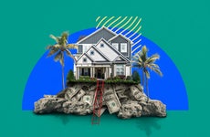 Illustrated collage featuring a house on a hill made of money