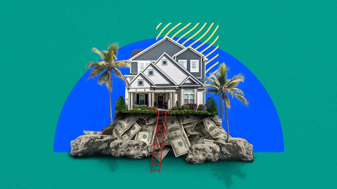 Illustrated collage featuring a house on a hill made of money