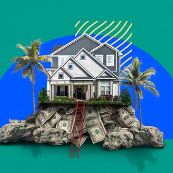 Illustrated collage featuring a house on a hill made of money