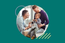 Illustrated design featuring two fathers and their young child