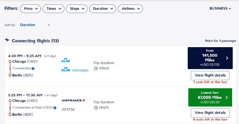 Screenshot of available flights from website. 