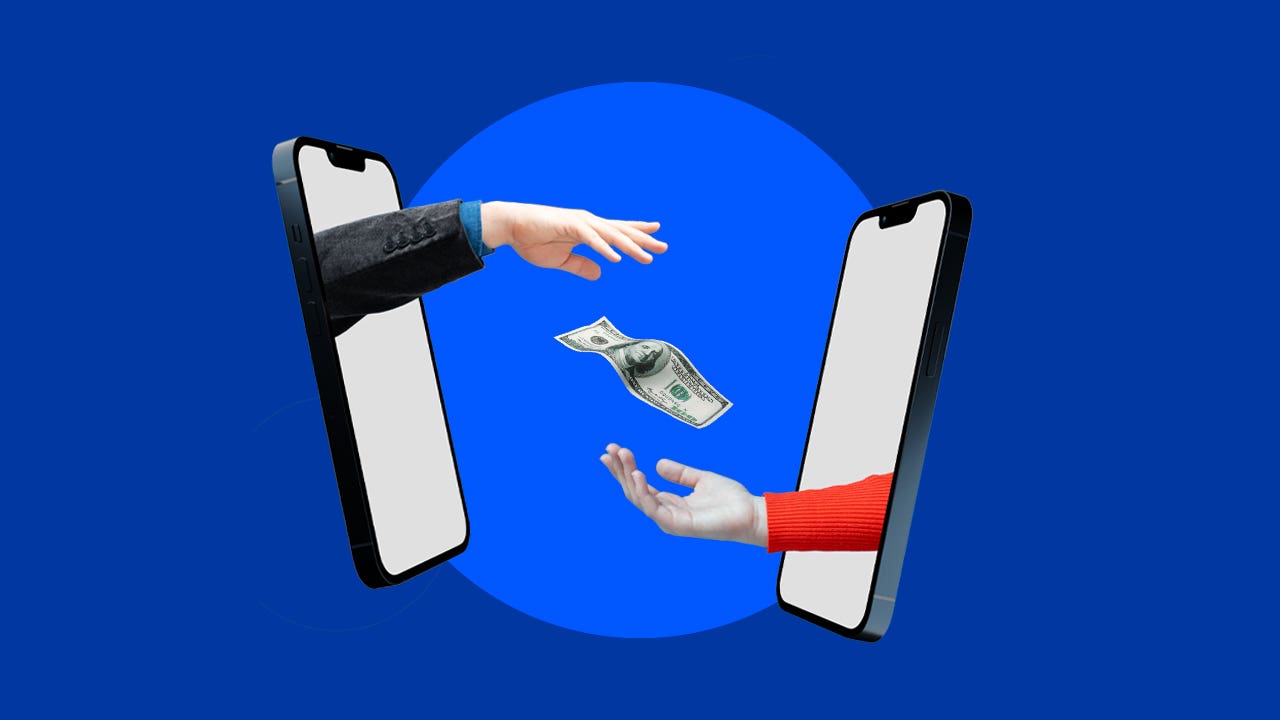 Fantasy illustration of arms reaching out of cell phone screens and handing over cash
