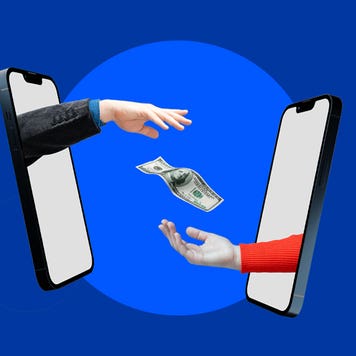 Fantasy illustration of arms reaching out of cell phone screens and handing over cash