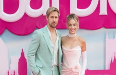Margot Robbie (R) and Ryan Gosling attend the European premiere of 'Barbie' at the Cineworld Leicester Square in London, United Kingdom