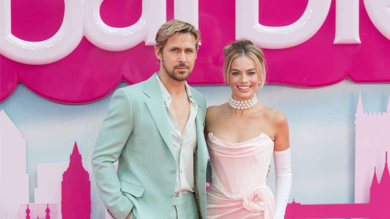 Margot Robbie (R) and Ryan Gosling attend the European premiere of 'Barbie' at the Cineworld Leicester Square in London, United Kingdom
