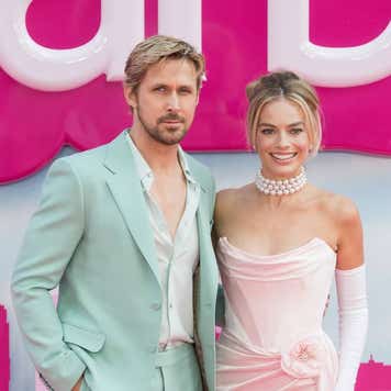 Margot Robbie (R) and Ryan Gosling attend the European premiere of 'Barbie' at the Cineworld Leicester Square in London, United Kingdom