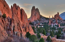 Wintry day in Colorado Springs, Colorado at Garden of Gods. Sun was setting and red rocks cast lovely glow.