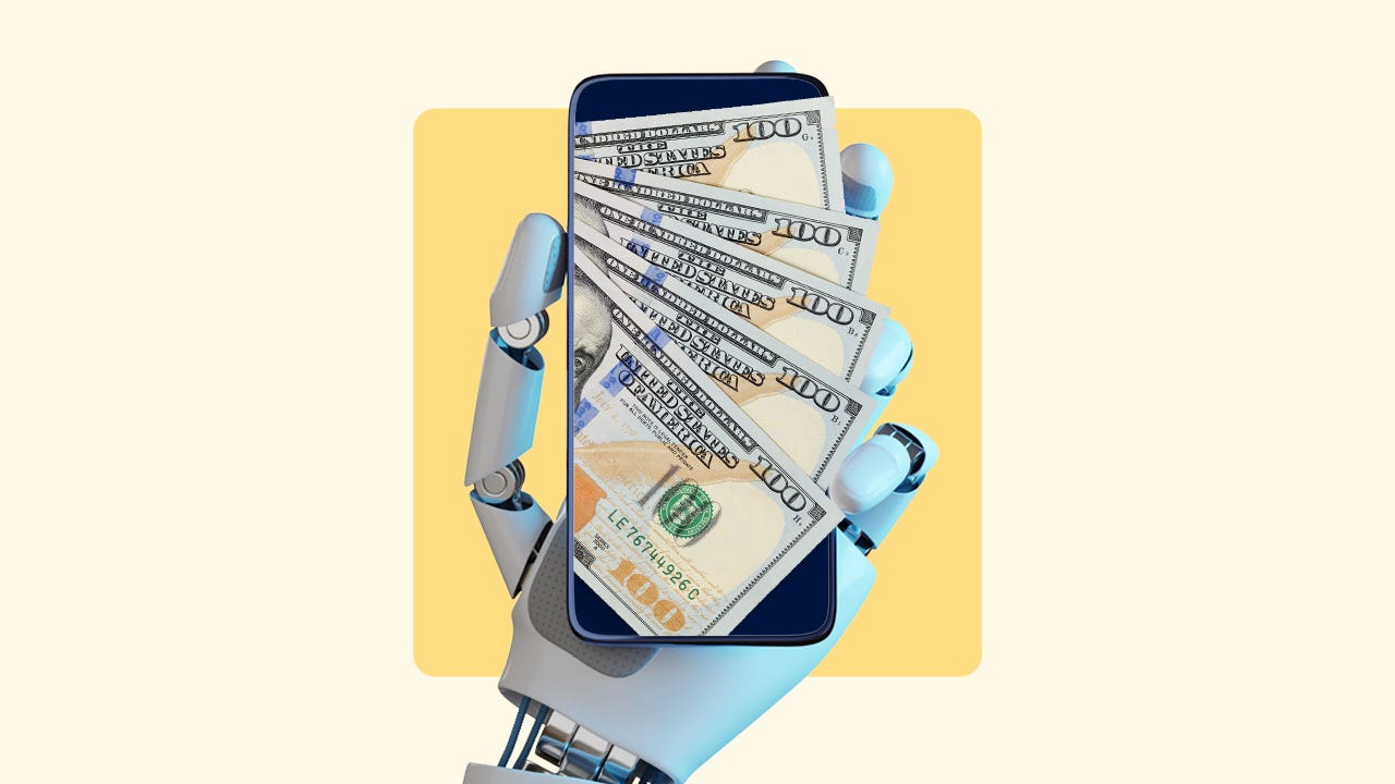 Fantasy image of a robot hand holding a phone with real cash falling out of the screen