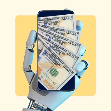 Fantasy image of a robot hand holding a phone with real cash falling out of the screen