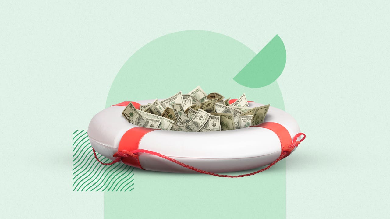 Illustration of a pile of cash inside of a life raft