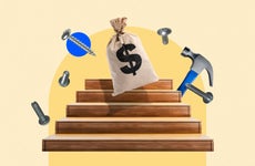 Illustrated collage featuring money, a staircase, a hammer, and screws