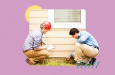 Illustrated collage featuring two men inspecting a home's foundation