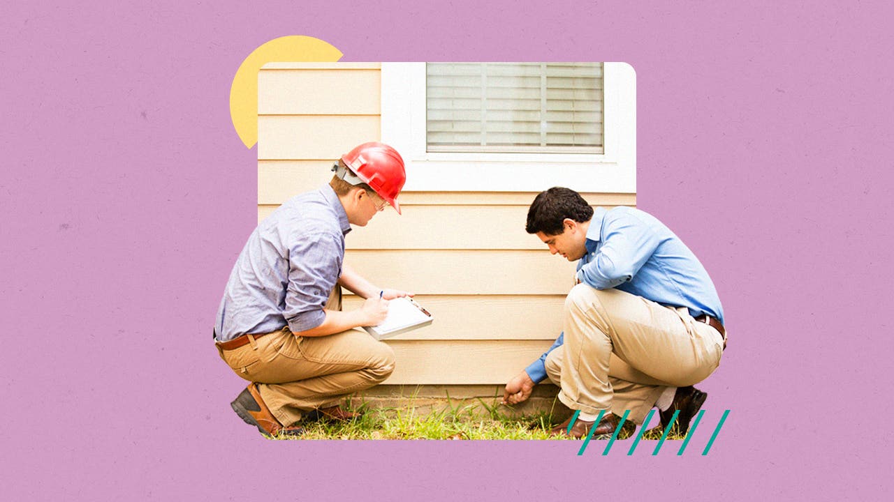 Illustrated collage featuring two men inspecting a home's foundation