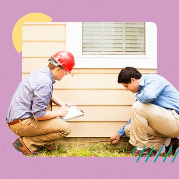 Illustrated collage featuring two men inspecting a home's foundation