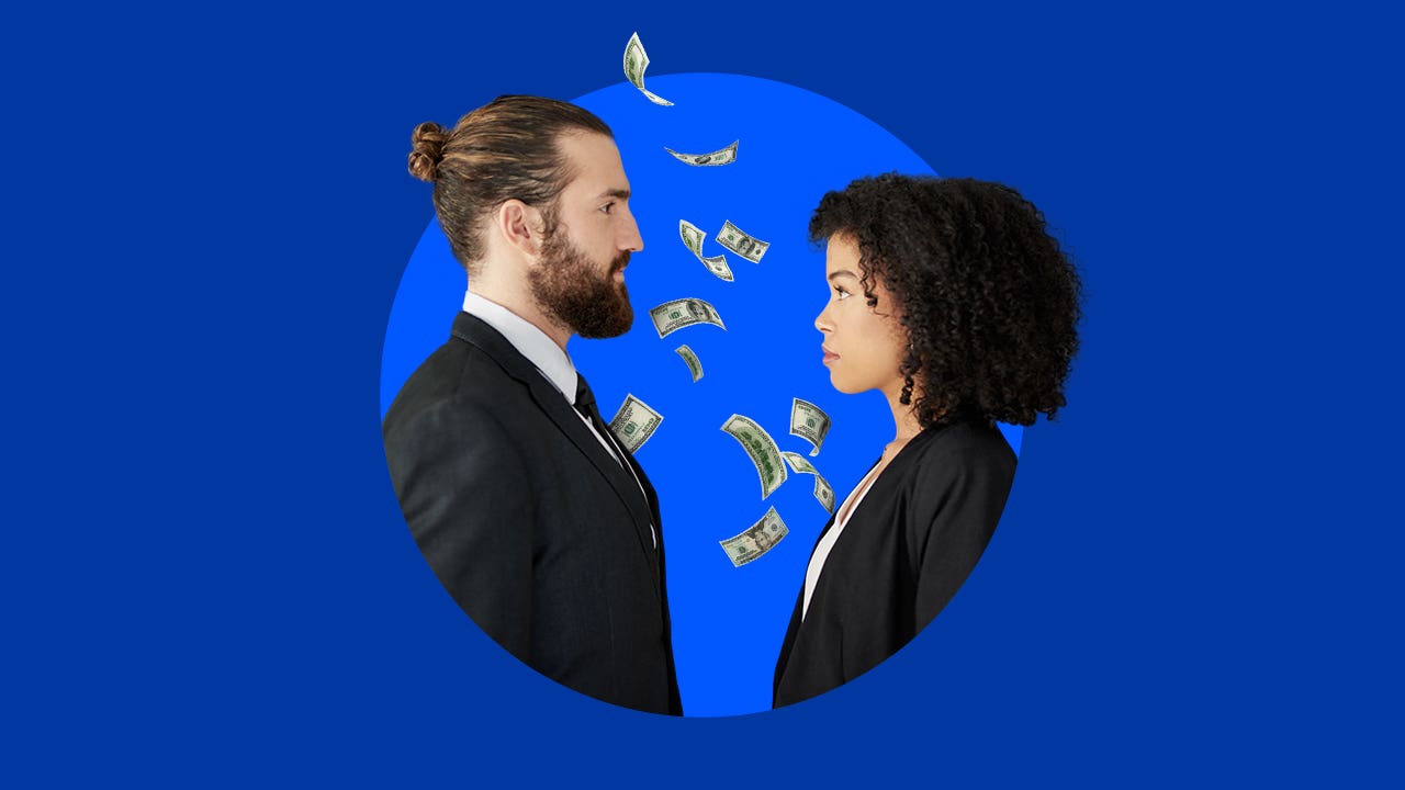 A professional man and woman have a stare-down while money floats in the background