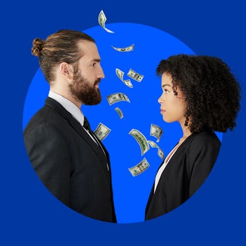 A professional man and woman have a stare-down while money floats in the background
