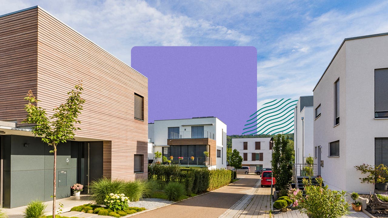 housing market 5-year forecast - photo illustration with purple square