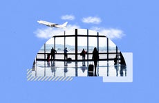 design image including silhouettes of passengers waiting at an airport in front of window