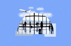 design image including silhouettes of passengers waiting at an airport in front of window