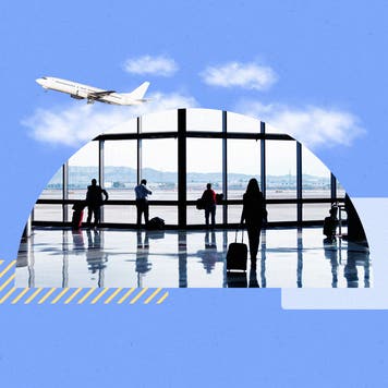 design image including silhouettes of passengers waiting at an airport in front of window