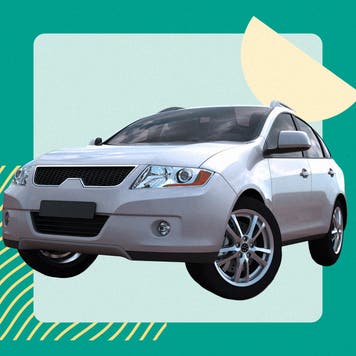 An image of a silver SUV against a light screen square on a dark green background.