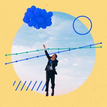 A man being raised into the air by party balloons. And a line graph chart superimposed overtop. Trending upwards