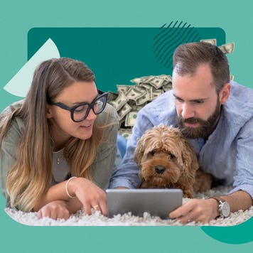 Collage featuring two people and a dog looking at a tablet