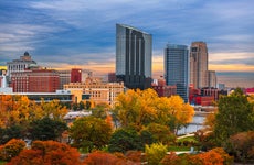Grand Rapids, Michigan skyline with fall leaves