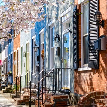 Row of Townhouses in Alexandria, Virginia , with cherry blossoms