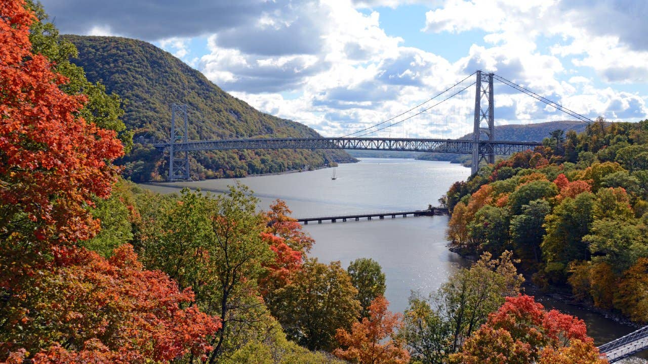 Bear Mountain Bridge Taken In Highland Falls, New York In Orange County. Notice The Fall Foliage With The Changing Color Of The Tree's. Photo Taken Sunday October 18, 2015.