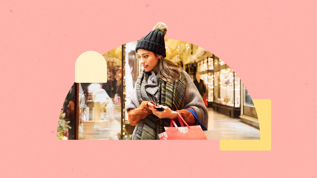design element of a women carrying shopping bags walking on a street, a pink background