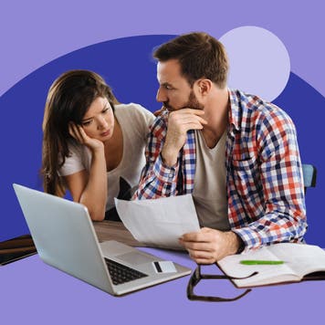 Collage featuring a couple standing over a laptop